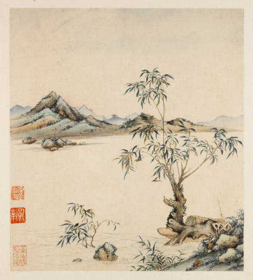 Fishing Boat Near Shore; in Distance, Low Mountain Peaks