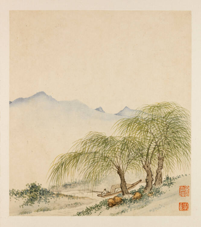 Fishermen in a Boat Near Shore Under Overhanging Trees