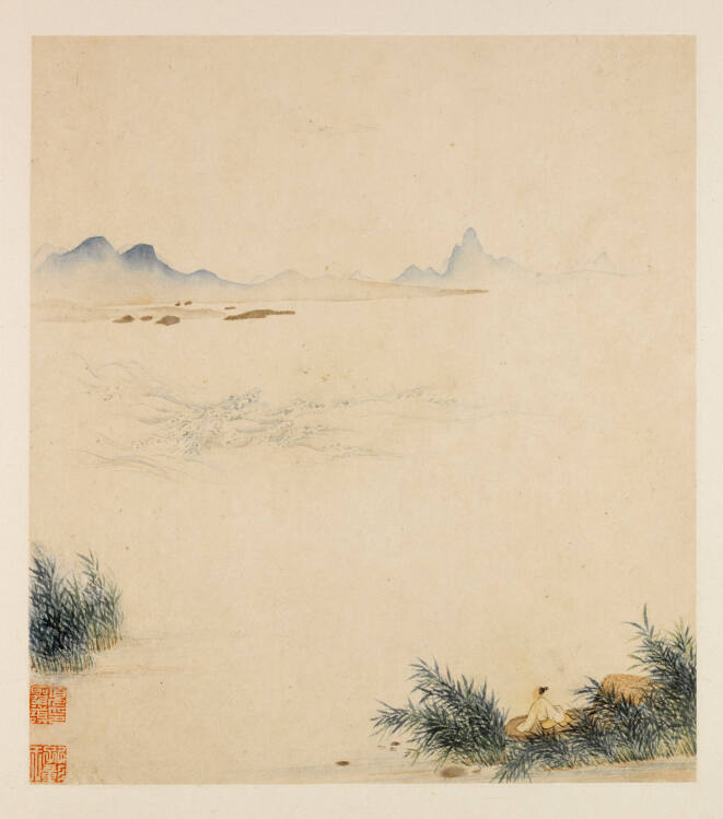 Gentleman Seated in a Boat Viewing Mountains in Distance