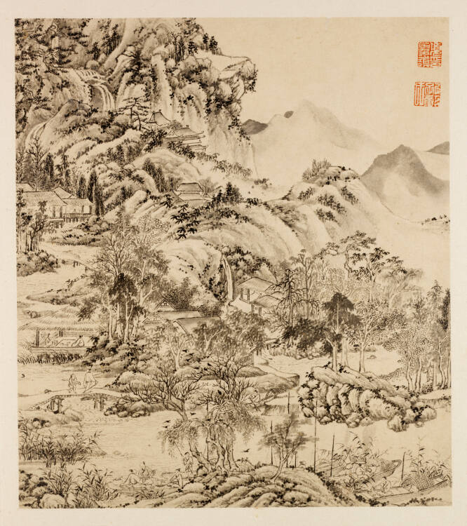 Village in Mountains with Fishermen Returning to Shore