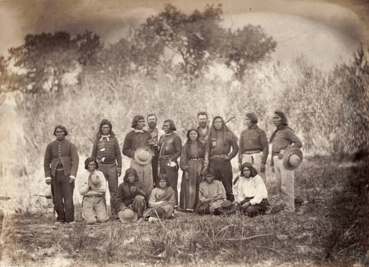 Indian agent Parker with Paiutes, near Truckee River, Nevada