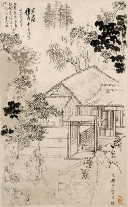 Figures with Buildings and Tree Studies