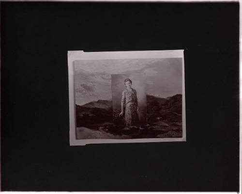 untitled (old photograph of a woman laid on top of painted reproduction of a landscape)
