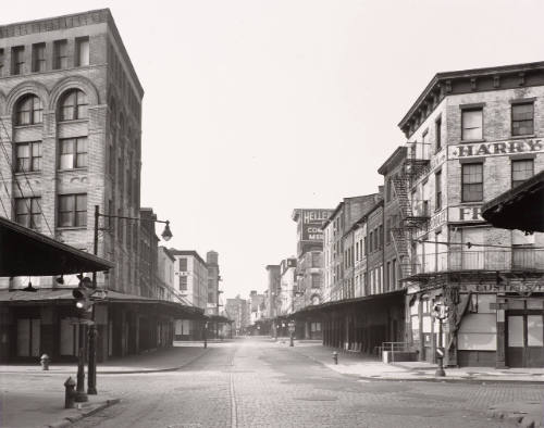 Washington Street, looking north at Chambers St.; the old vegetable market