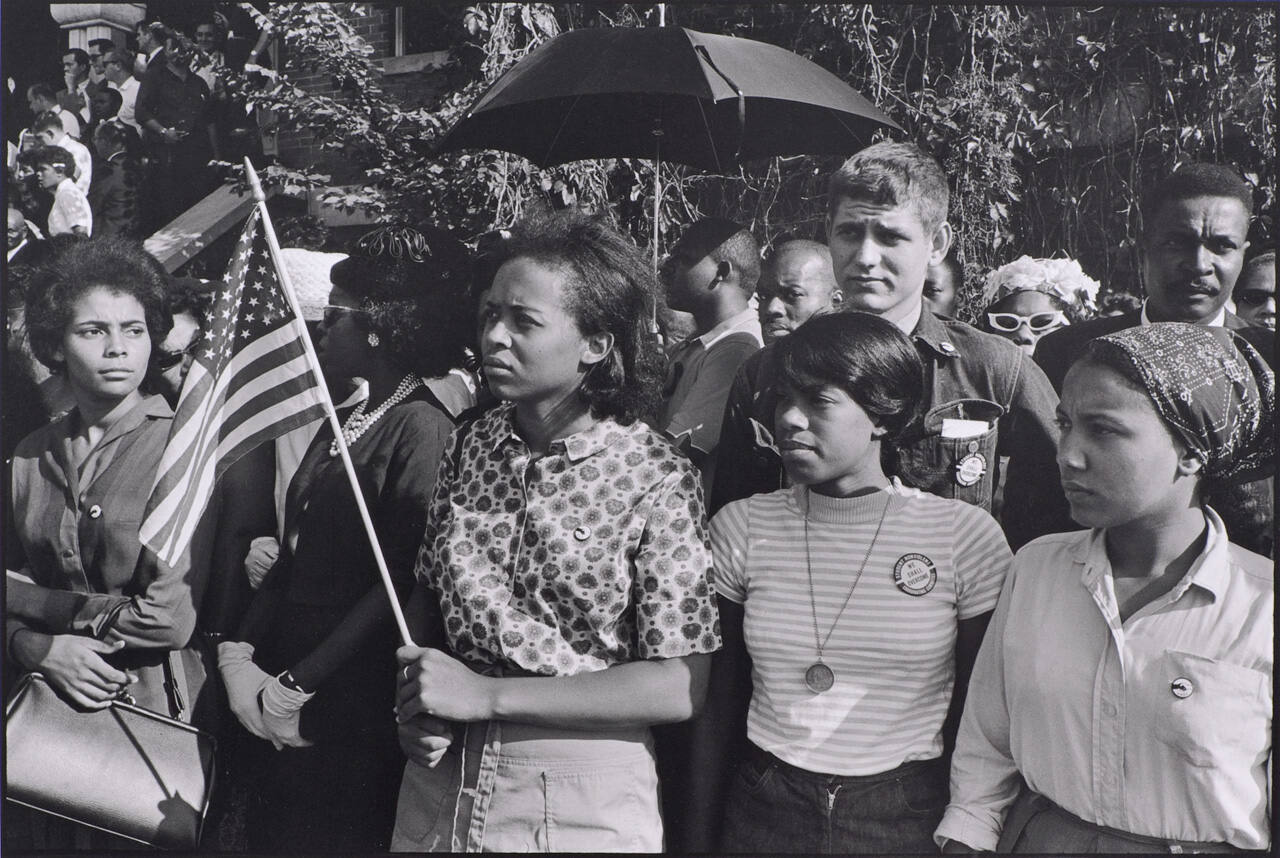 SNCC workers outside the funeral for girls killed at the Sixteenth Street Baptist Church: Emma Bell, Dorie Ladner, Dona Richards, Sam Shirah and Doris Derby, Birmingham