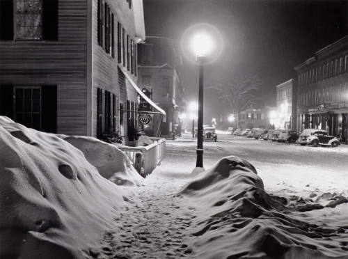 Center of town at night after a blizzard, Woodstock, Vermont