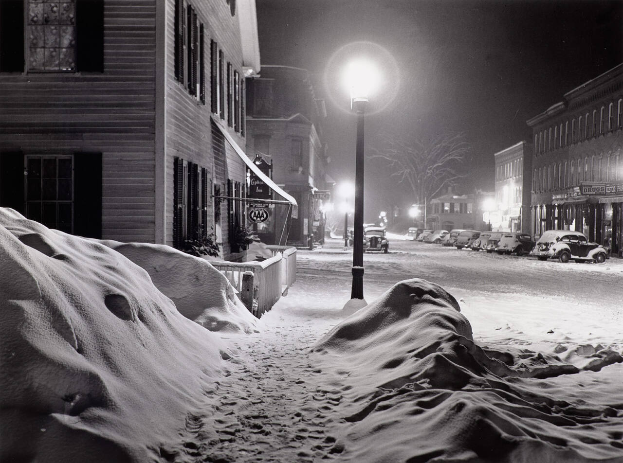 Center of town at night after a blizzard, Woodstock, Vermont