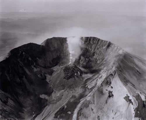 Aerial View: Looking South at Mt. St. Helen's Crater  and Lava Dome--airplane in crater, Mt. Hood and Mt. Jefferson in the distance