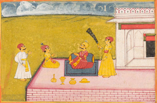 Man Seated on Terrace with Three Attendants