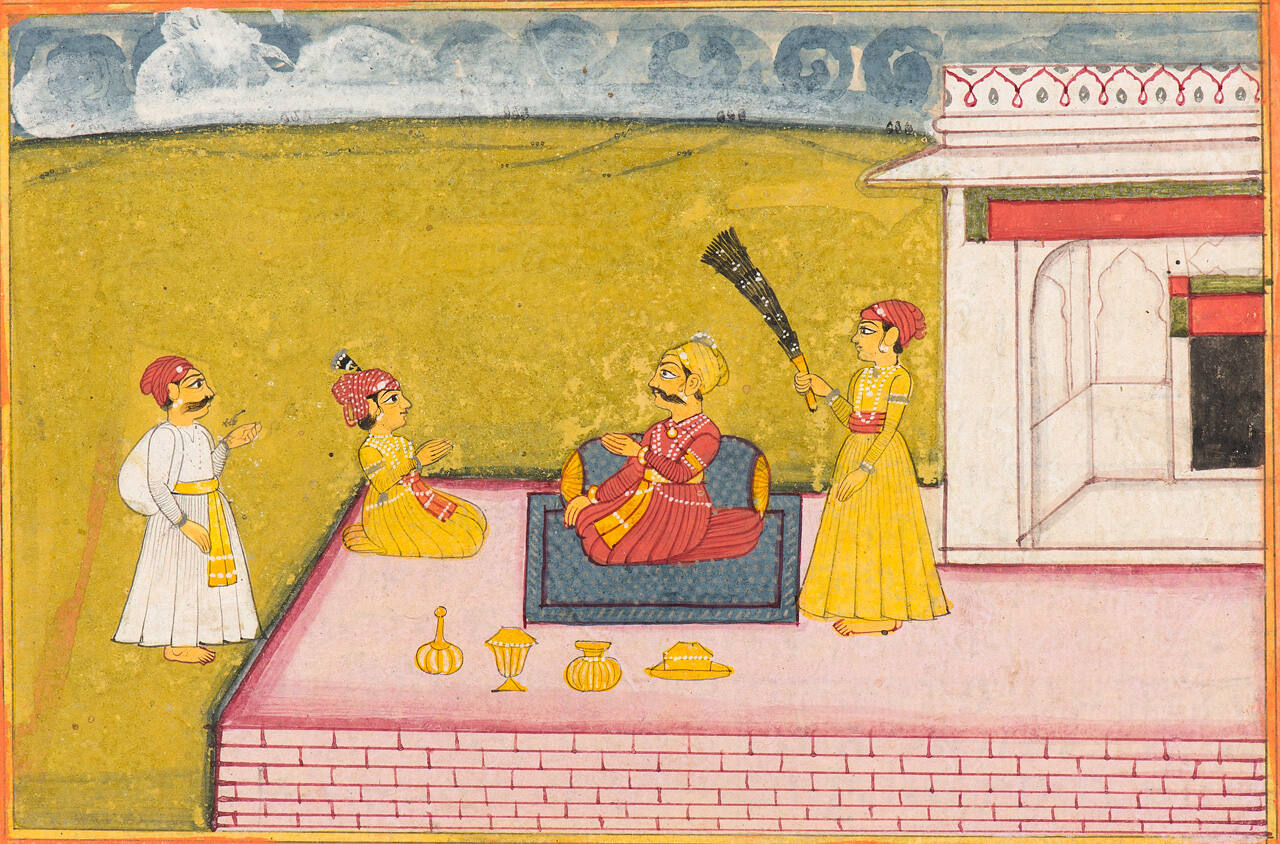 Man Seated on Terrace with Three Attendants