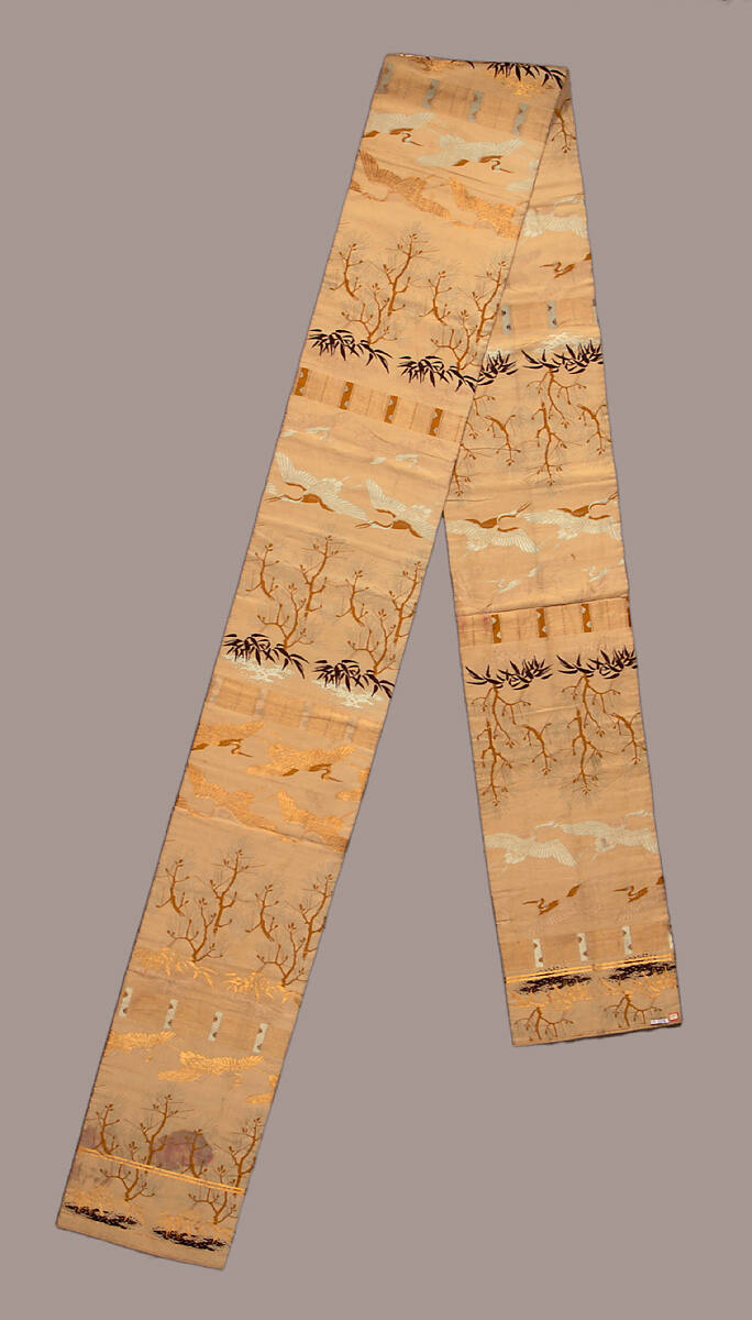 Obi with design of misu (bamboo curtain), cranes, pines, and bamboo
