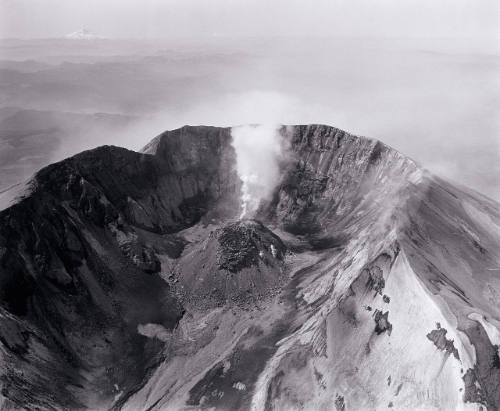 Aerial View: Looking South at Mt. St. Helen's Crater  and Lava Dome--airplane in crater, Mt. Hood and Mt. Jefferson in the distance