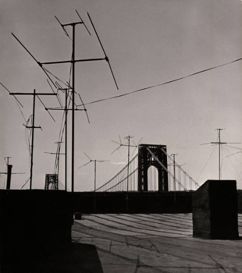 Antennas with George Washington Bridge Seen from Roof