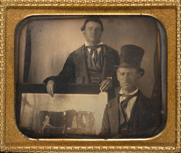 Two men with cow lithograph