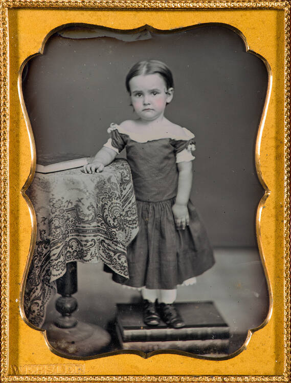 Portrait of Young girl standing on books