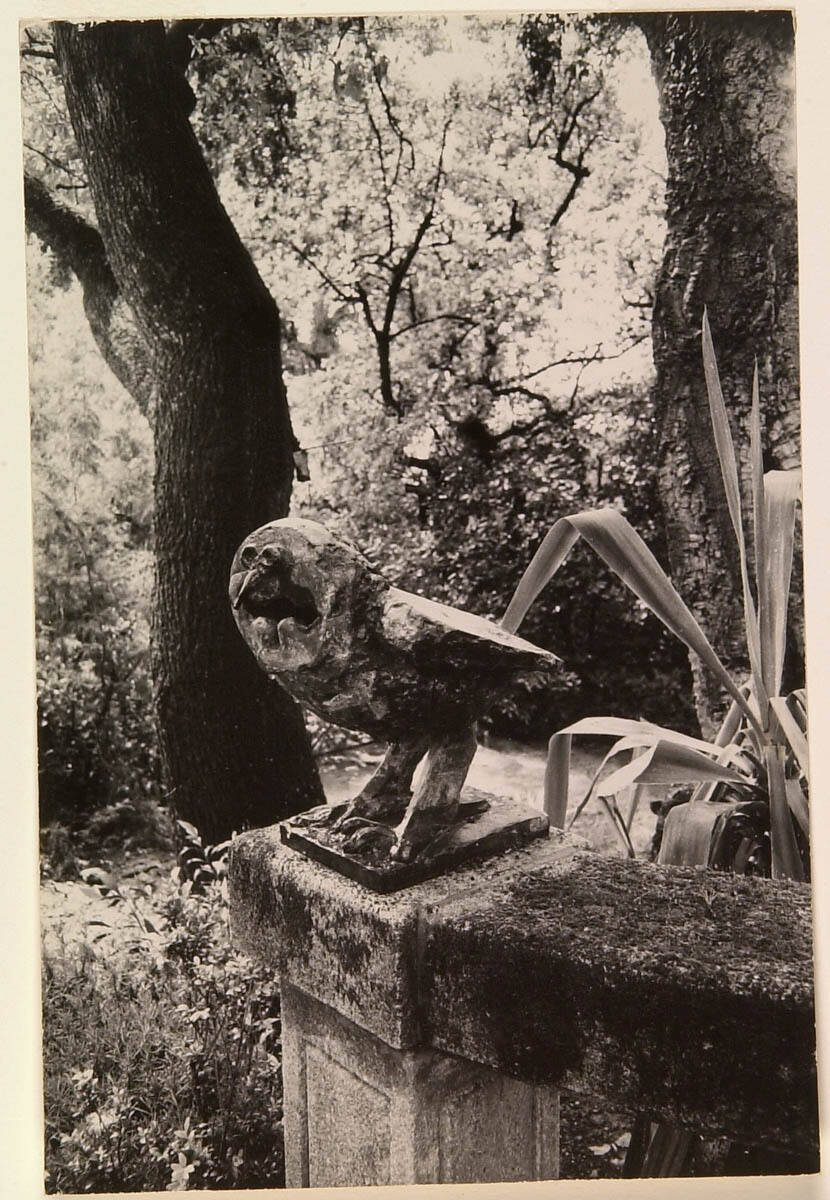 Bronze Owl, 1950, Sits on Mossy Wall Deep in the Garden, Overlooking Woman's Head, Bronze, 1932
