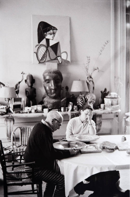 Picasso starts to paint plates. Above is bronze head of Dora Maar. African statue at left bought in Paris in early 1900's. Head of bronze crane (1951), whose body is broken blade of shovel, neck an old steel cable, topknot a gas-pipe turncock. Feet are old forks; beak is part of forceps wrench. Painted later.