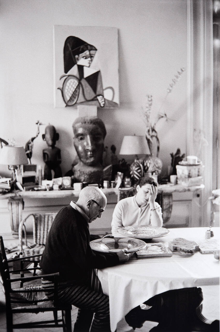 Picasso starts to paint plates. Above is bronze head of Dora Maar. African statue at left bought in Paris in early 1900's. Head of bronze crane (1951), whose body is broken blade of shovel, neck an old steel cable, topknot a gas-pipe turncock. Feet are old forks; beak is part of forceps wrench. Painted later.