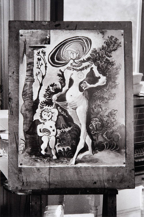 "Venus and Amour," gouache, by Picasso (June 12, '57), of famous painting of same title and subject by fifteenth-century German master Cranach