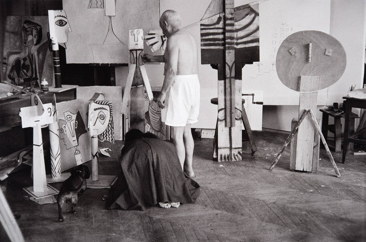 Pablo Picasso moving Woman Standing with Woman Standing with Open Arms and The Boy (1956)