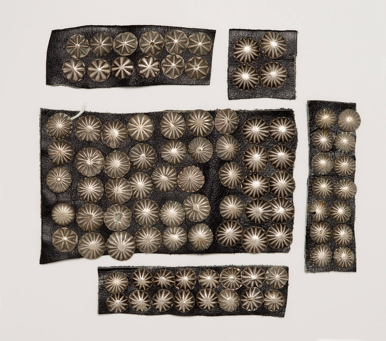 Collection of 91 buttons sewn on 5 leather pieces