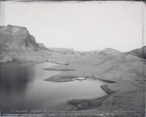 Campsite reached by boat through watery canyons, Lake Powell, 8/20/83