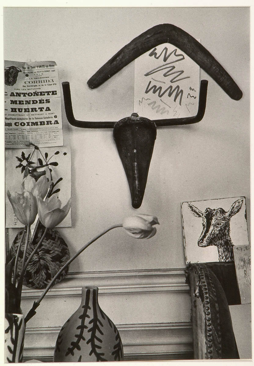 Still Life in Dining Room with 'Head of a Bull', Bronze, 1943, Formed of Bicycle Saddle and Handle Bars