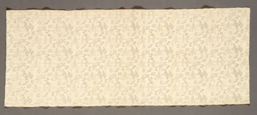 Length of fabric appropriate for baby's garments with design of auspicious imagery:  treasures, pine, and bamboo