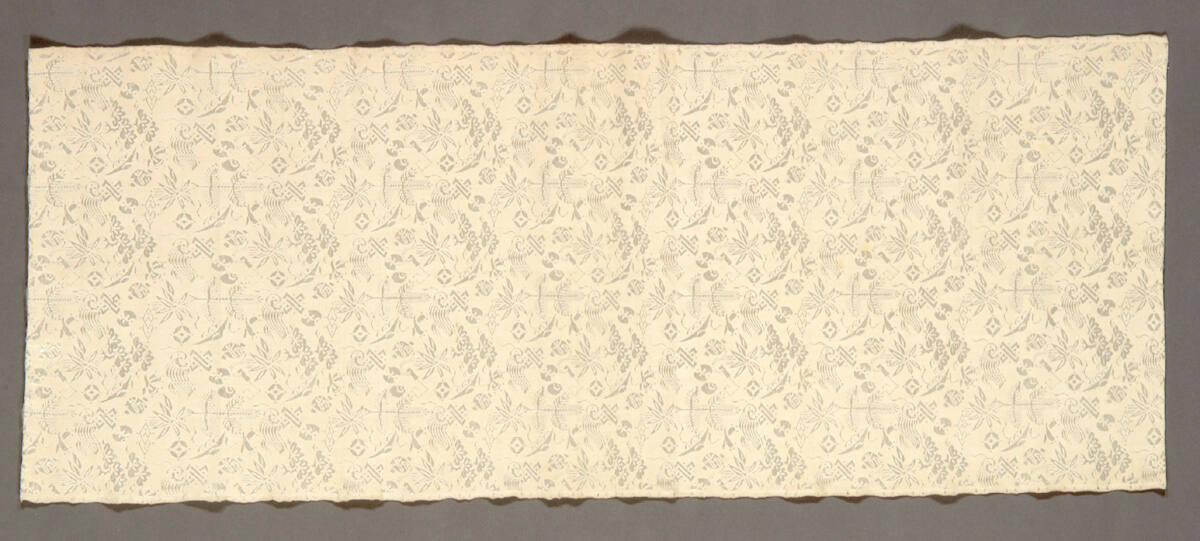 Length of fabric appropriate for baby's garments with design of auspicious imagery:  treasures, pine, and bamboo