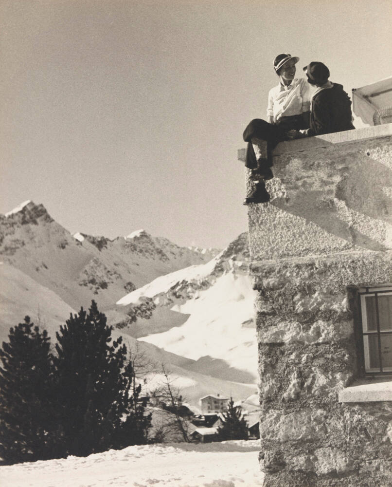 Conversation on terrace of the Tschuggen Hotel in Arosa, Switzerland