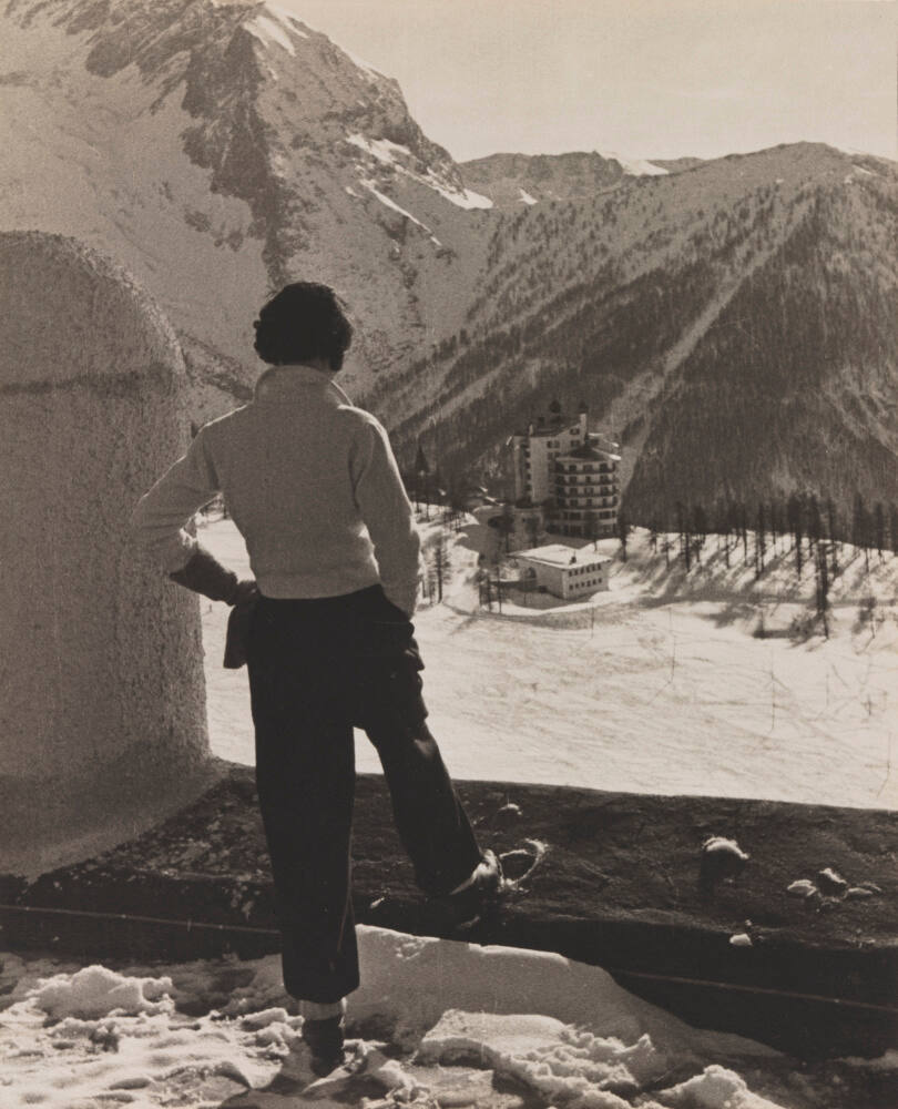 Vacationer looking from the Duchi d'Aosta Hotel in Sestriere, Italy at the scenery