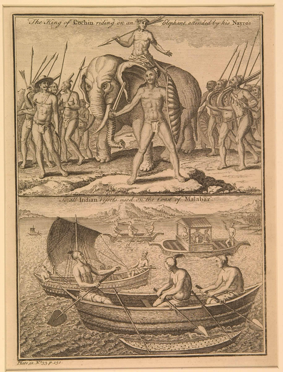 The King of Cochin Riding on an Elephant attended by his Nayro's; Small Indian Vessels used on the Coast of Malabar