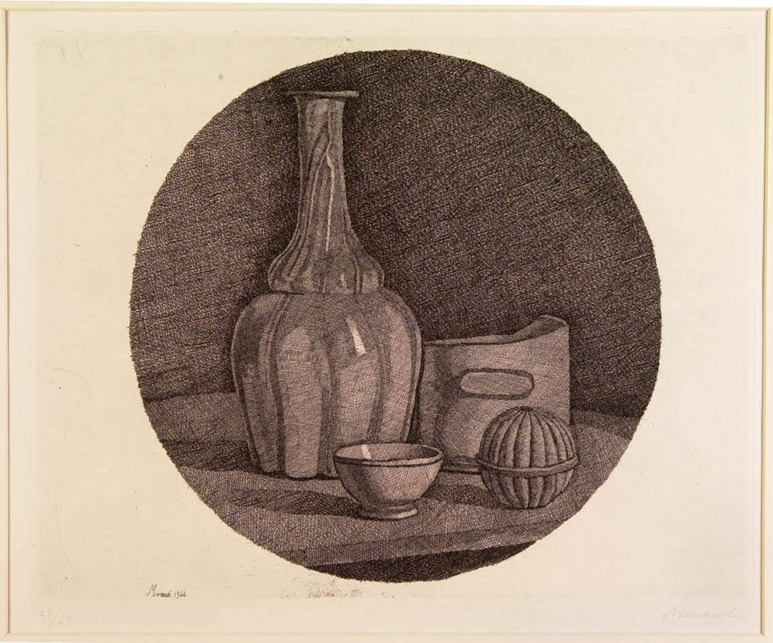 Large Circular Still Life with Bottle and Three Objects